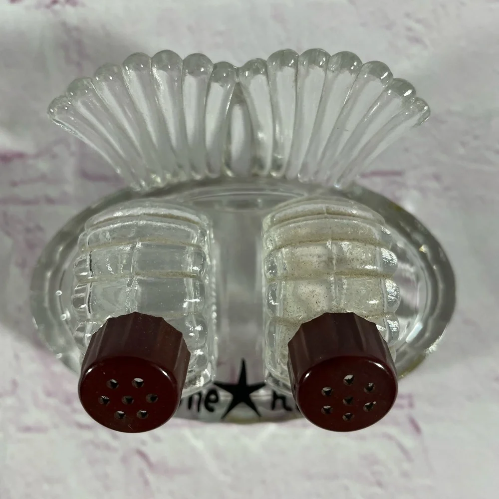 Vintage Glass Seashell Shaped Salt and Pepper Shakers with Beach Chair Holder